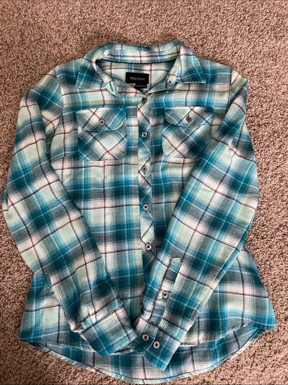 Marmot women’s Teal and White Plaid Button-Down Shirt size XS